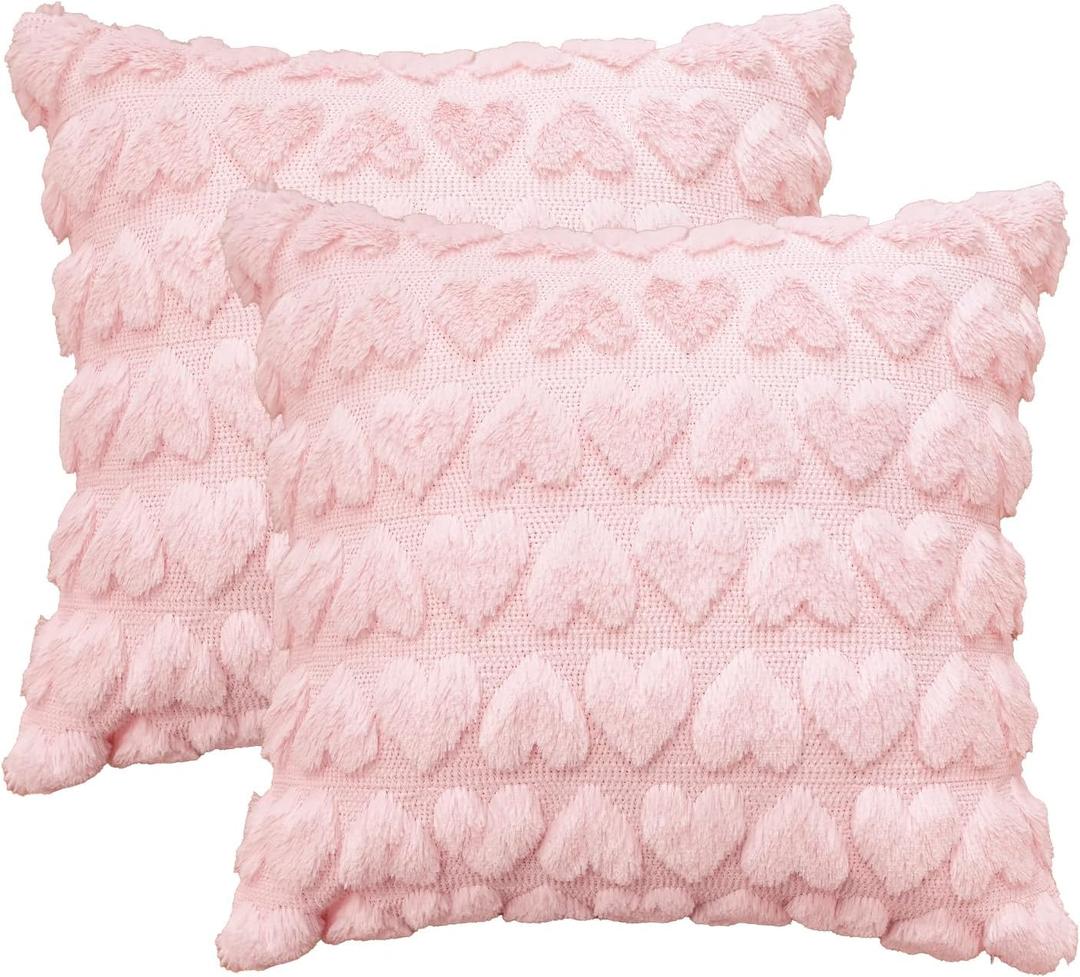 AVOIN colorlife Happy Mother's Day Love Heart Throw Pillow Cover Set of 2, 18 x 18 Inch Pink Soft Plush Faux Fur Jacquard Cushion Case Decoration for Sofa Couch
