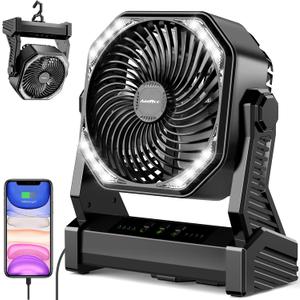 20000mAh Battery Powered Camping Fan, 58Hrs Rechargeable Portable Fan, 400LM Light, 360 Hook, Whisper Quiet Battery Operated Fan for Outdoor Car Travel Gear Essentials Power Outages Co-brand AMACOOL