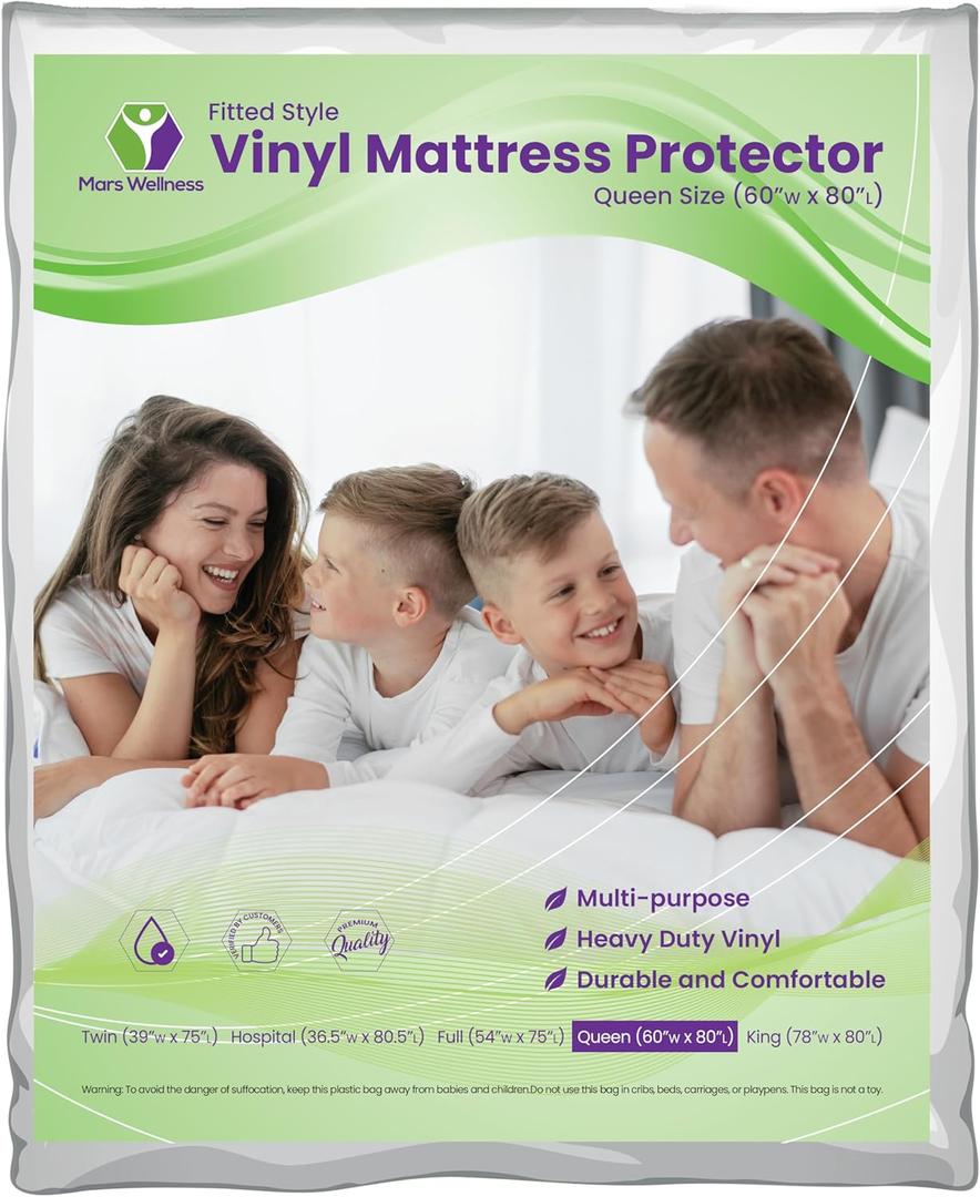 Mars Wellness Waterproof Vinyl Mattress Protector and Cover - Contoured Fitted White Mattress Cover Sheet - 1 Pack - Queen