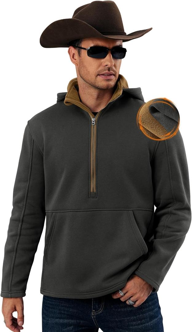 Mens Fleece-Lined Hoodies Half Zip Midweight Long Sleeve Thermal Pullover (S-2XL) (Large, Dark Grey)
