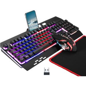 Wireless RGB Gaming Keyboard and Mouse - Rechargeable Backlit,Long Battery Life,Metal Panel Mechanical Feel with Palm Rest,7 Color Gaming Mouse and Mouse Pad for Game and Work