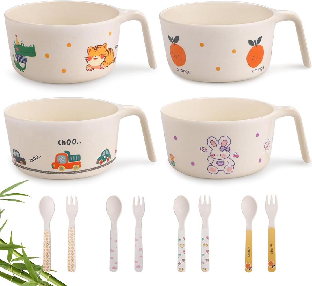 shopwithgreen Bamboo Kids Bowls Set, 4 Reusable Small Bowls for Baby Toddlers, Dinnerware Cereal Snack Soup Rice Bowl with 4 Spoons & Forks, Dishwasher Safe Bamboo Baby Food Bowls, BPA Free, 14.5 OZ