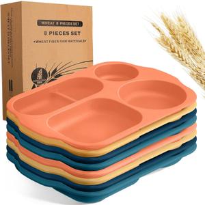 Vesici 8 Pcs Large 12 Inch Unbreakable Divided Plates for Kids Adults - Wheat Straw Tray - Microwave Dishwasher Safe - Reusable Plastic Compartment Plates(Orange, Yellow, Dark Blue, Dark Green)