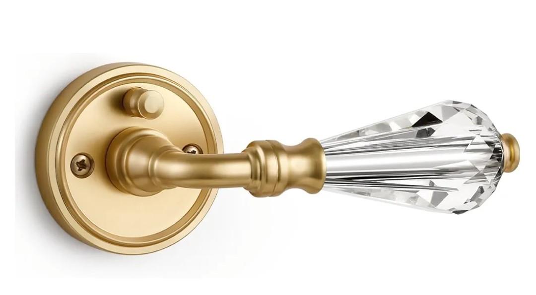 1 Pack Gold Glass Door Lever Privacy Crystal Door Levers Satin Brass Door Lever Interior Brushed Gold Door Handle for Bedroom and Bathroom,Zinc Alloy