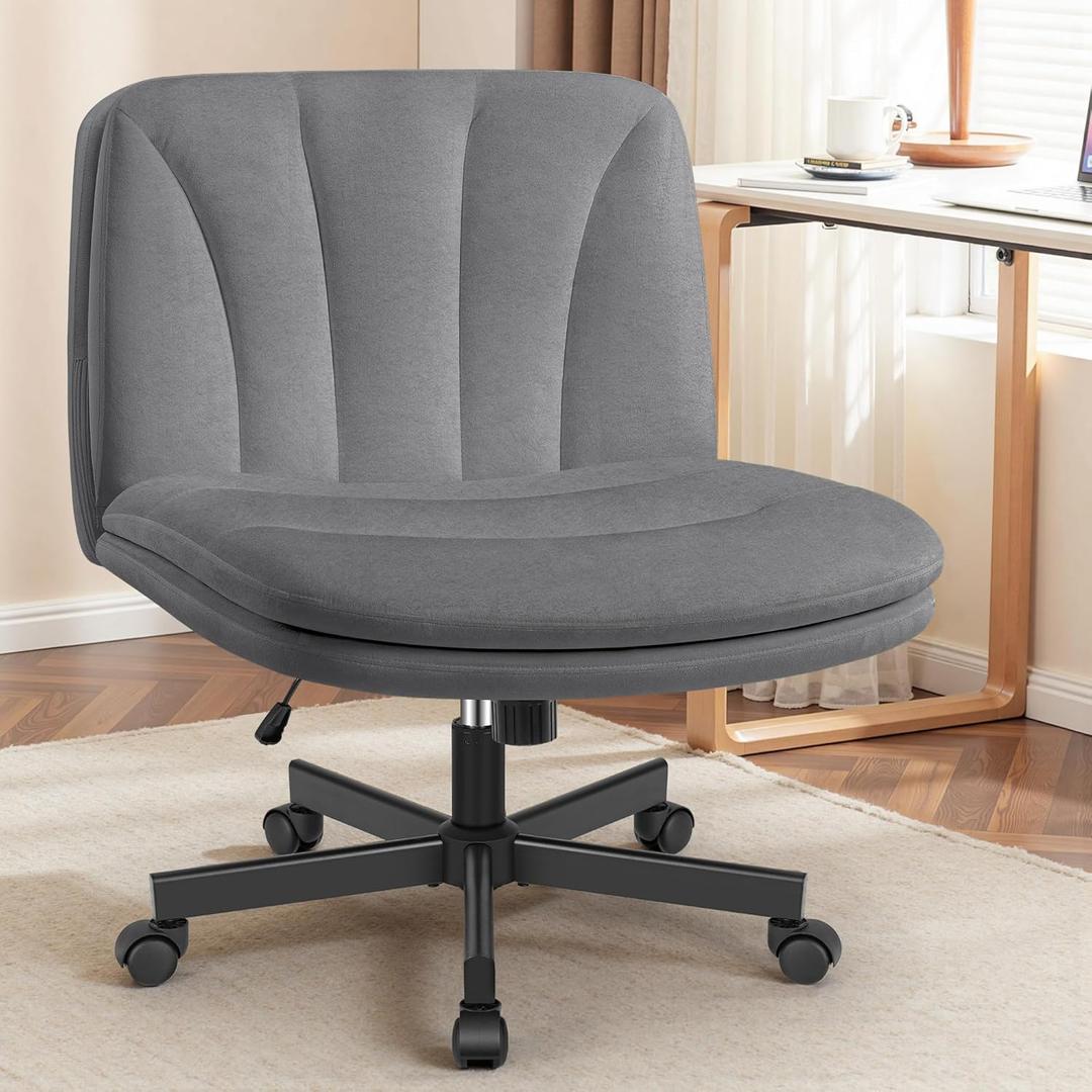 FelixKing Criss Cross Chair with Wheels, Cross Legged Office Chair, Armless Wide Vanity Desk Chair with Comfty Velvet & Back - Swivel Height Ajustable for Home Office Bedroom, Gray Velvet