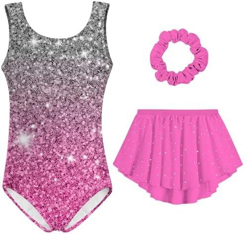 Idgreatim Girls Gymnastic Leotard Ballet Dance Dress Outfit with Removable Skirt Hair Scrunchie Combo, Size 7Y