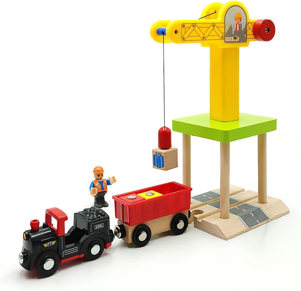 Wooden Crane Toy Set with Train Cars - Compatible with Major Wooden Rail Brands - Multi-function Crane for 3-5 Year Old Boys