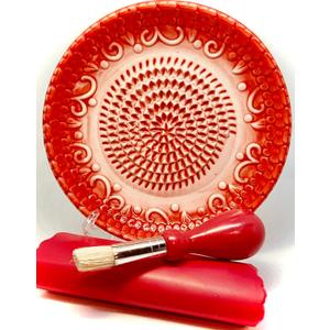 All-in-one 4pcs Prime Ceramic Garlic Grater Set - HandMade, Red Emboss Design Grater Plate w/Garlic Peeler, Gathering Brush, Display Stand, It's also grating Turmeric, Ginger, and more,