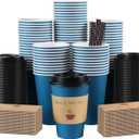 100 Pack 12 oz Coffee Cups with Lids, Disposable To Go Paper Coffee Cups with Sleeves and Stirring Sticks for Hot/Cold Drinks Office Home Shop Event (Navy)