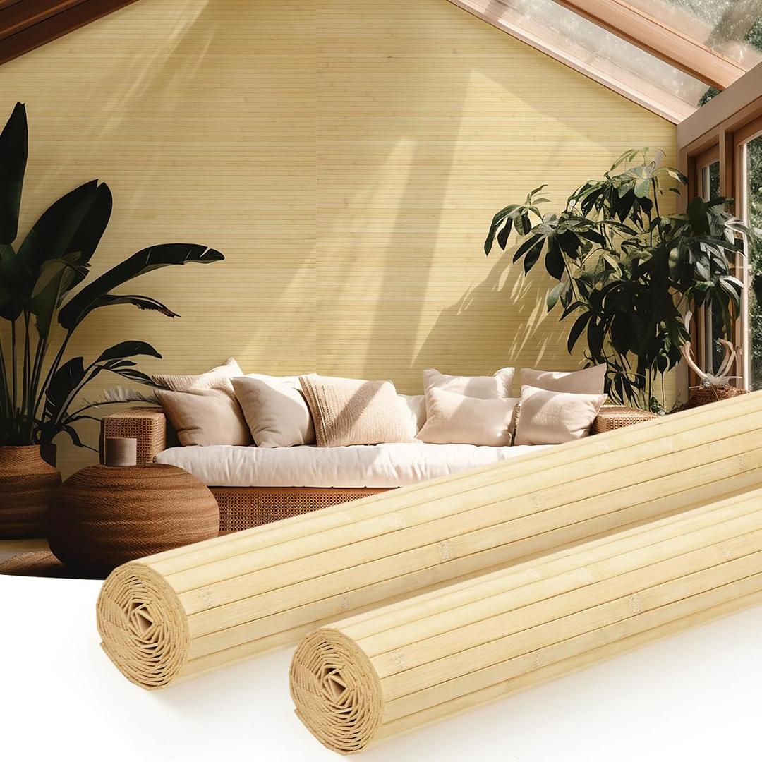 Juexica 2 Pcs Natural Bamboo Wall Panel for Interior Wall 48''x96'' Bamboo Covering Renewable Pole Wainscoting Room Divider Wrap Decor for Bedroom Living Room Kitchen Island Office (Raw)