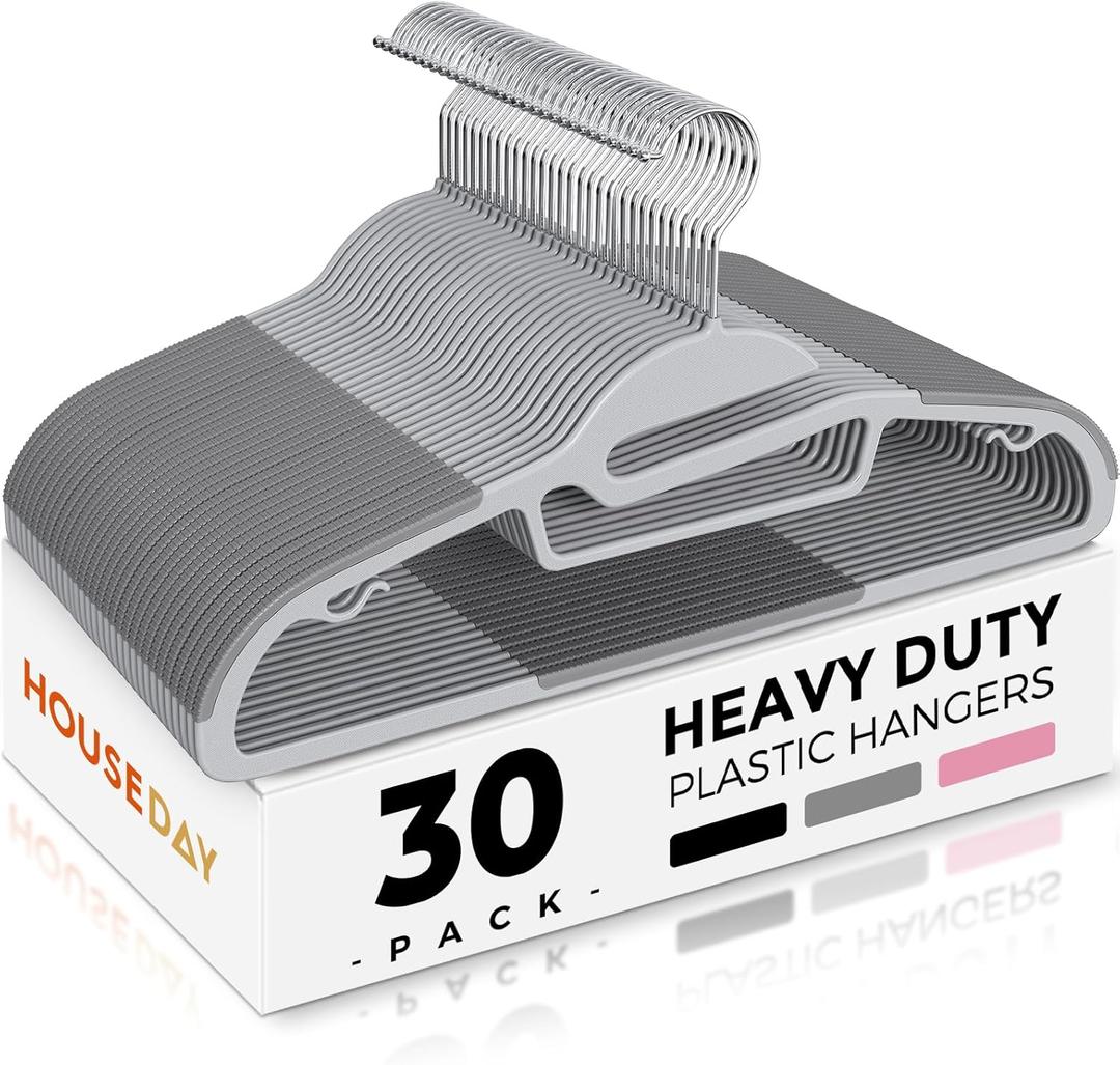 HOUSE DAY Grey Plastic Hangers 30 Pack, Slim Space Saving, Non Slip Clothes Hangers with Rubber Pads, Sturdy Heavy Duty Coat Hanger for Closet, S-Shaped Hanger for Shirt, Suit, Pant, Skirt (Light Grey + Dark Grey)