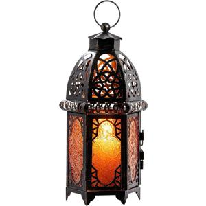 Vintage Large Size Decorative Ramadan Candle Lantern, 12.8 Metal Hanging&Tabletop Moroccan Lantern Candle Holder Decor, Halloween Christmas Decorations for Home Indoor Outdoor Patio (Amber)