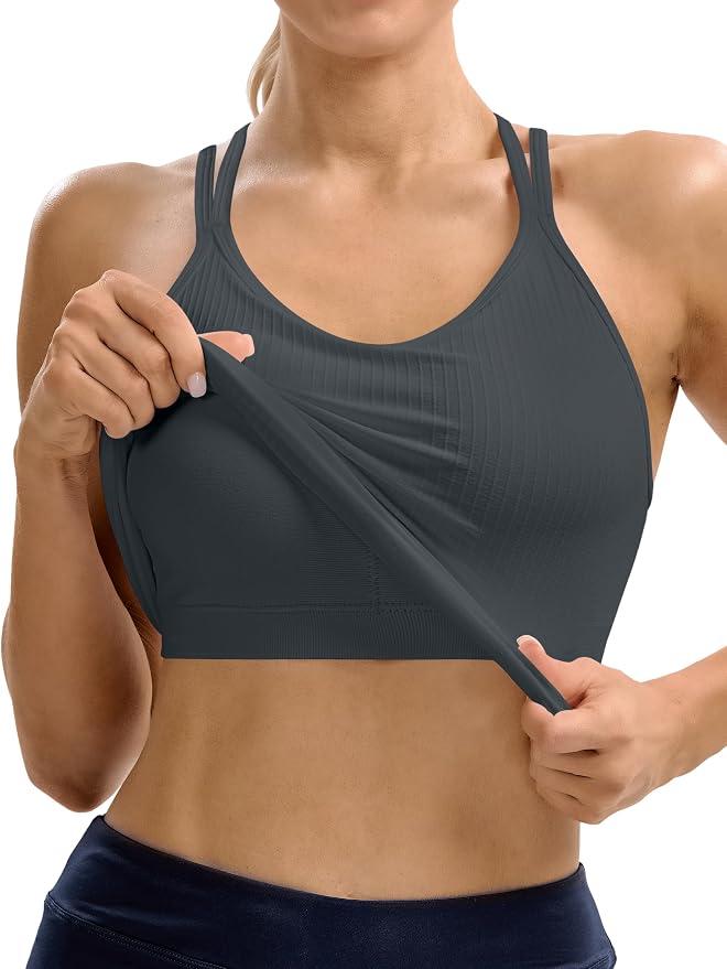 MathCat Ribbed Workout Tank with Built in Bra, V Neck Crisscross Back Yoga Longline Top, Wirefree Spaghetti Strap Gym Shirts, S