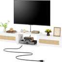 IBUYKE Modern Rattan Floating TV Stand with Doors, Wall Mounted TV Shelf for TVs up to 55 Inches, Media Console Entertainment Center for Under TV Storage Cabinet for Living Room Bedroom, White UWST012W