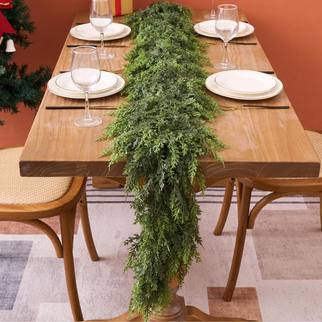 Thick & Lush Faux Cedar Greenery, Made with TPE Material for a Realistic Look, Artificial Pine Garland for Mantel, Fireplace, Staircase (Christmas Cedar Garland, 6ft)