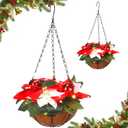 HyDren 2 Pack Pre Lit Artificial Poinsettia Flowers Christmas Hanging Basket 2 Pcs Colorful LED String Lights for Indoor Outdoor Garden Patio Porch(Red and White)