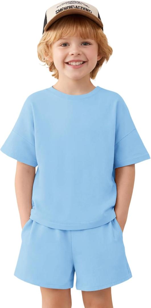 Haloumoning Toddler Baby Boy 2 Piece Outfits Kids Short Sleeve T-Shirts Elastic Waist Shorts Summer Clothing Sets 9M-8Y (5-6 Years, Blue)