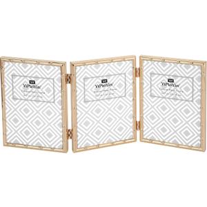 YiPinYin Dark Gold 5x7'' Bamboo Detail Designs Hinged Triple Metal Picture Frame,Elegant Gold Plated Wedding Photo Frames With Soft Touch Velvet Backing for Desktop and Wall Dcor