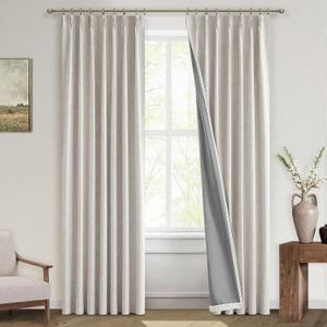 MIULEE Linen Pinch Pleated 100% Blackout Curtains for Bedroom 90 Inch Long 2 Panels Set- Back Tab Track Beige Thermal Insulated Cream Black Out Triple Pleat Room Darkening Drapes with Hooks, Greige