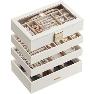 SONGMICS Stackable Jewelry Trays, 4-Tier Jewelry Box, Drawer Jewelry Organizer, with Glass Lid, Removable Dividers, for Vanity Table, 6.7 x 11 x 7.2 Inches, Gift Idea, Cloud White UJBC164W01