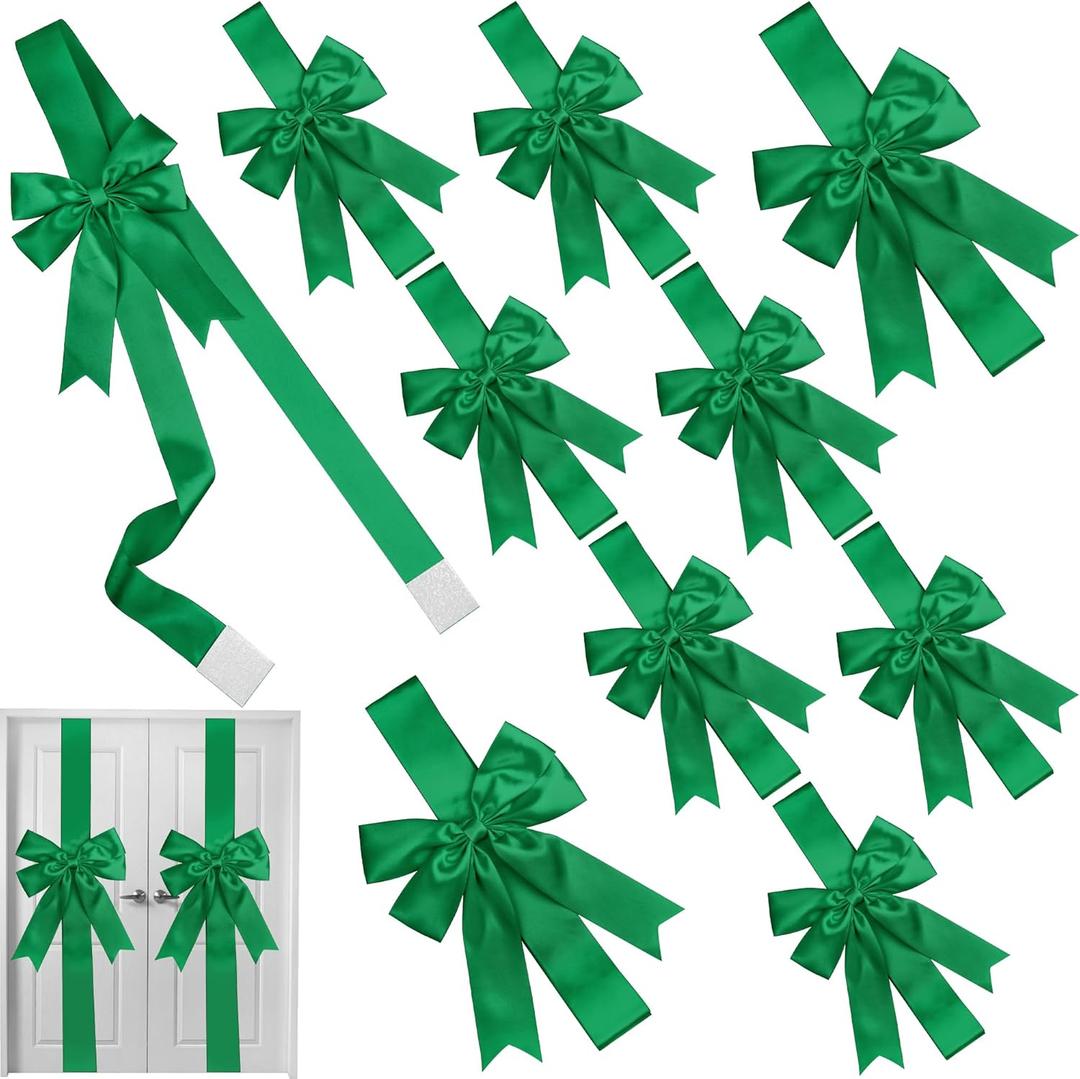 MCEAST 10 Large Green Ribbon Cabinet Door Bows for Christmas Festive Party Supplies, 10 x 87 Inches