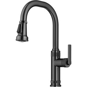 KRAUS Allyn Industrial Pull-Down Single Handle Kitchen Faucet in Spot-Free Black Stainless Steel, KPF-4102SFSB, 5"D x 11.25"W x 16.75"H