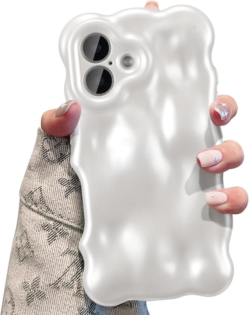 UEEBAI Ripple Case for iPhone 17, Cute Silver Cover Wave Shape for iPhone Case Pretty Aesthetic 3D Phone Cover, Water Ripple Shell 3D Chrome Design for Women and Girl, Pearl White