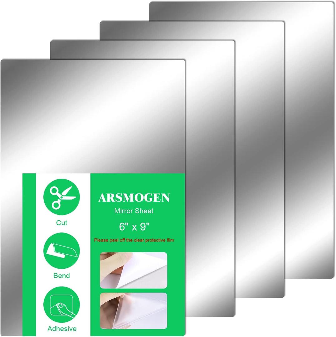 4 Pieces Flexible Cut to Size Mirror Sheet 6" x 9", Self Adhesive Non Glass Mirror Stickers PETG Plastic Mirror