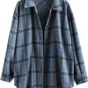 ZAFUL Women's Plaid Long Sleeve Shirt Button Down Thin Jacket Casual Flannel Plaid Shacket with Pocket (Large, Blue-3)