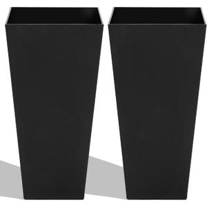 Worth Garden 2-Pack Black Matte Texture Square Tapered Planter - 25.5" H. Tall Plastic Plant Pots with Drain Hole for Indoor Outdoor - Modern Decorative Flower Pots for Front Porch, Patio, Deck