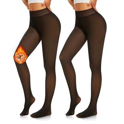 NEW YOUNG Fleece Lined Tights Women - Fake Translucent Warm Pantyhose Leggings Thick Thermal Tights for Winter Black,Black, L/XL, 2 Pieces
