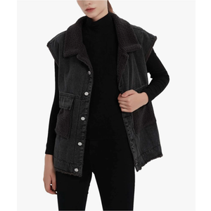 Womens Loose Sherpa Fleece Lined Denim Vest Casual Sleeveless Button Down Jean Vest Jacket, L