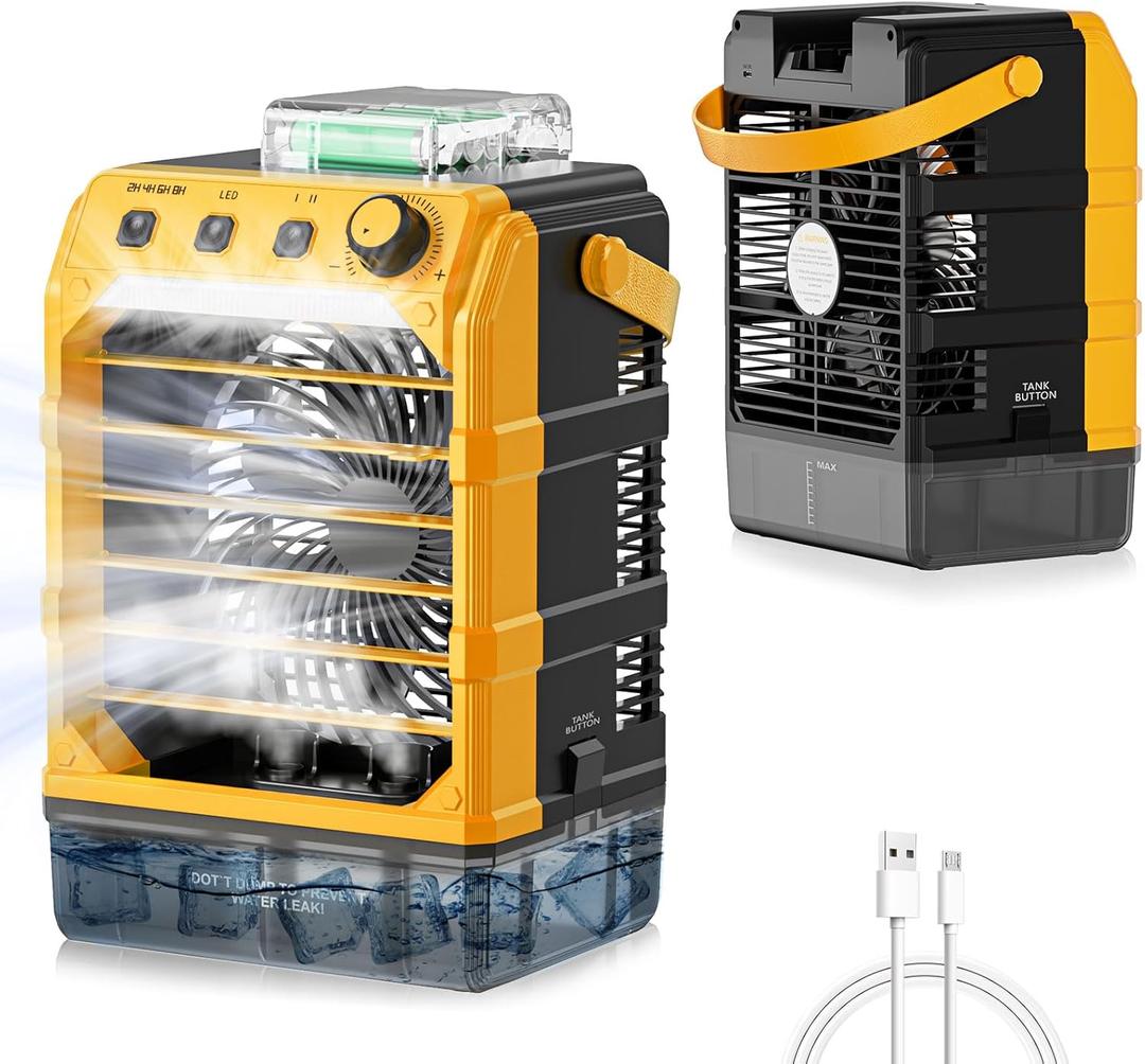 Rozlchar Portable Cooling Fan Compatible for Dewalt 20V 60V Battery(No Battery) w/USB Input Powered, Outdoor Camping Fan w/Mist, Timing Function, 1600mL Water Tank & LED for Home, Outside, Camping