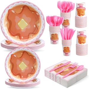 LemonRoad 175 Pcs Pancakes and Pajamas Party Supplies Pajama Brunch Plates and Napkins Girls Pink Orange Night Sleepover Tableware Set for Girls Night Pancake Themed Slumber Party Decoration Serves 25