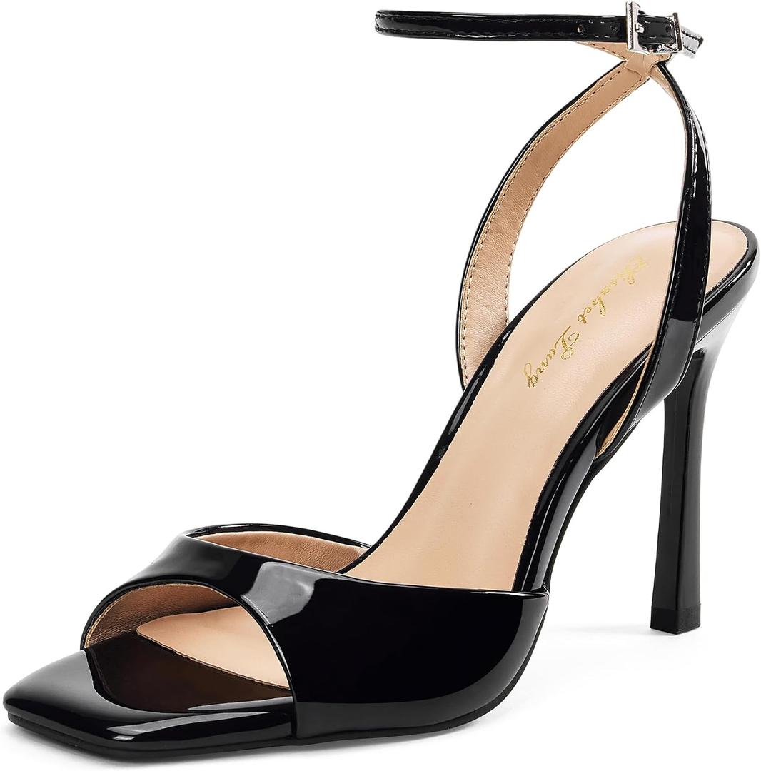 Elisabet Tang Woman's Square Open Toe Ankle Strap Heeled Sandals Stiletto High Heel Sandal Dressy Sexy Wedding Party Shoes US 6