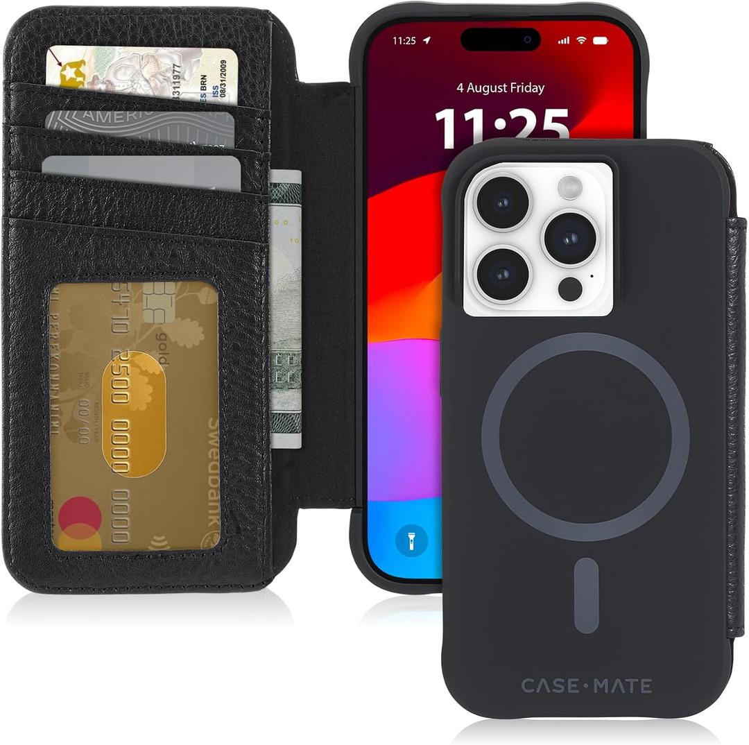 Case-Mate Wallet Folio iPhone 15 Pro Case - Black [12ft Drop Protection] [Compatible with MagSafe] Magnetic Flip Folio Cover Made with Genuine Pebbled Leather, Landscape Stand, Cash, and Card Holder