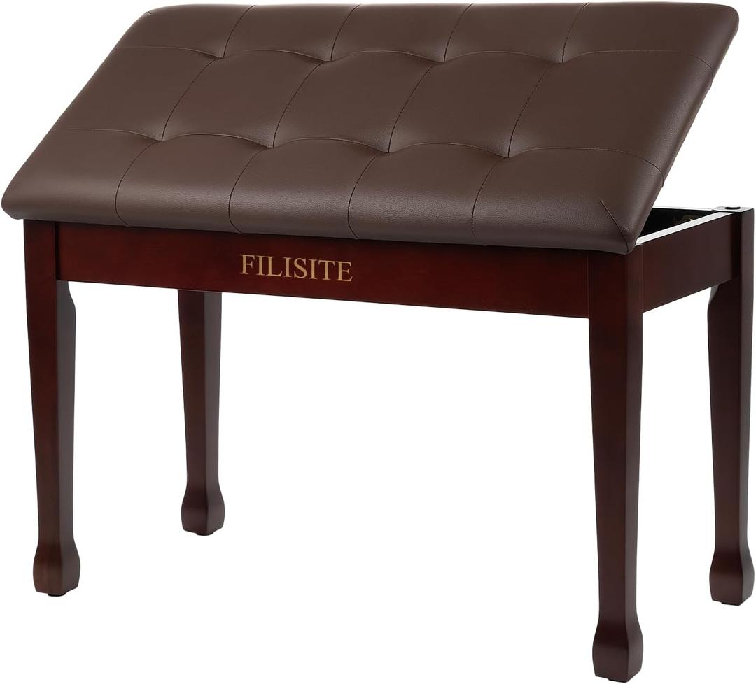 Duet Piano Bench with Storage, Wooden Piano Stool with Waterproof Padded Cushion, Bench Seat for Vanity, Living Room, Bedroom (Brown)