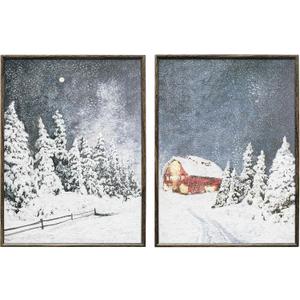 ArtbyHannah Framed Christmas Canvas Wall Art Decor Set of 2, Xmas Pictures Prints Paintings for Living Room Bedroom, Winter Holiday Home Indoor Decorations with Red House and Tree (12x16 Inch)