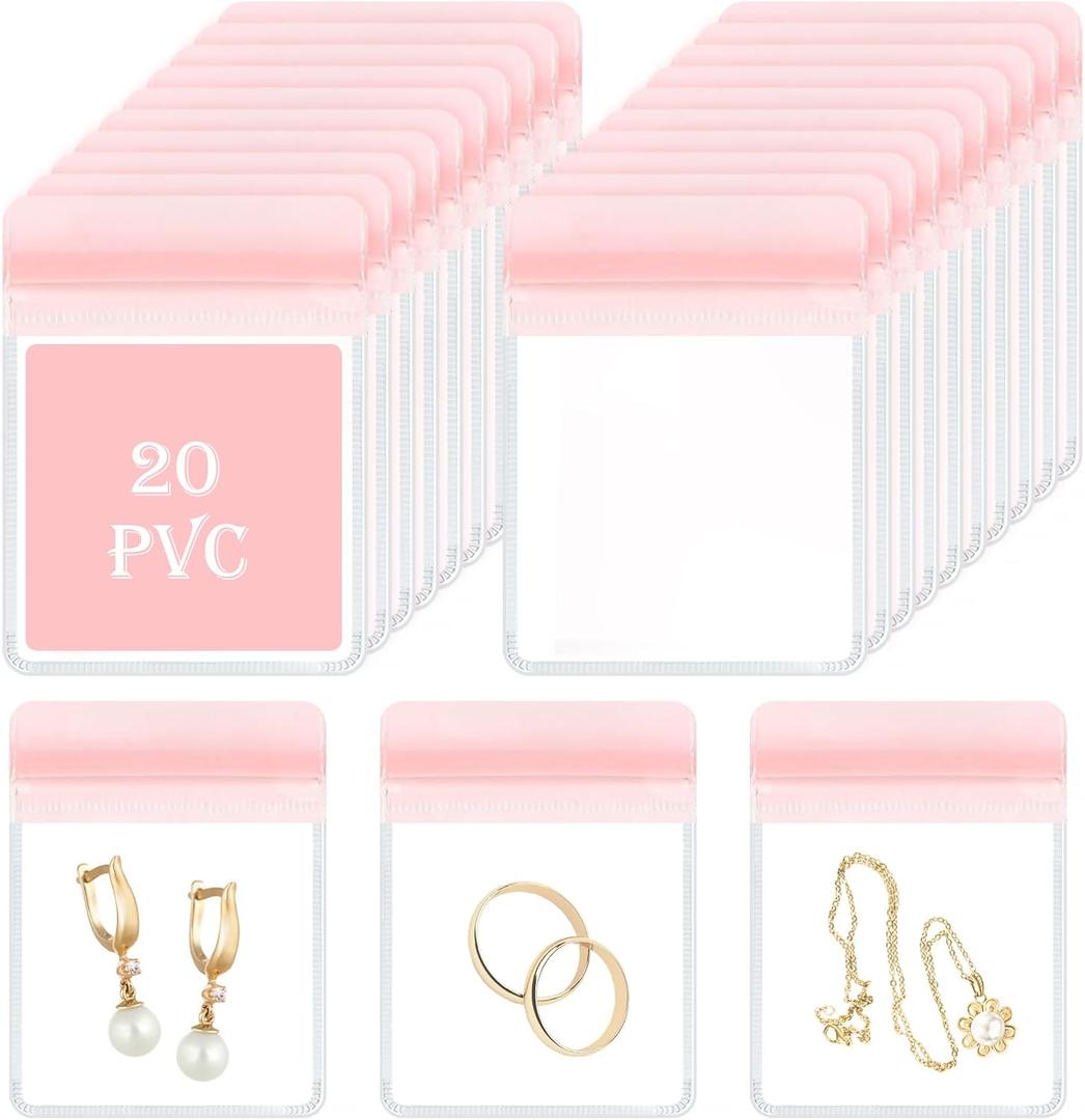 HOMEHIVE Travel Jewelry Bags, 20Pcs Clear Travel Jewelry Organizer, Portable Anti Tarnish Jewelry Storage Pouch Bag Gift for Women Girl, 20Pcs Pink Bags