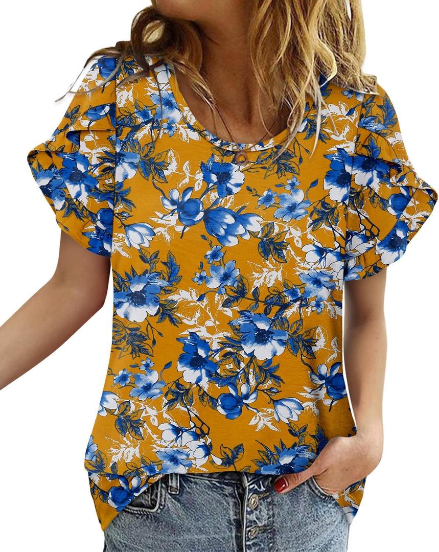 CRAZY GRID Women's Shirts Summer Casual Crewneck Ruffle Short Sleeve Blouses Cute Floral Print Tunic Tops (XL)