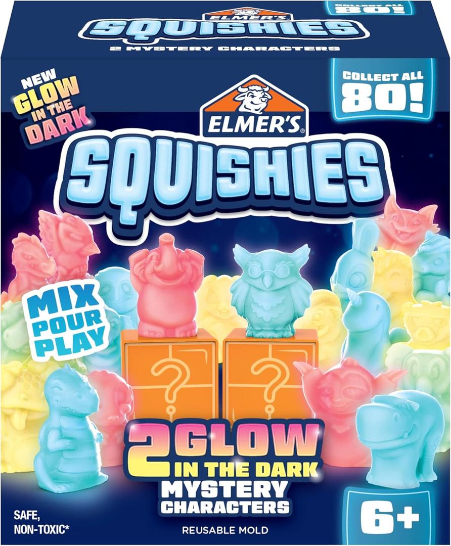 Elmer's Squishies, Kids DIY Activity Kit, Squishy Glow in the Dark Toys, Creates 2 Mystery Characters, 13 Piece Set - Slime Fun, Crafts, Holiday Gift for Ages 6+