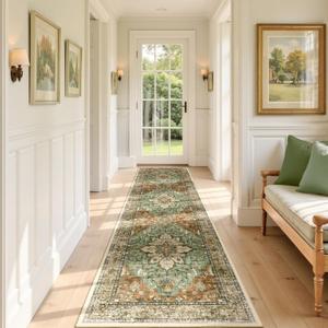 RELEANY Area Rugs 2'x8' Runner Rug Non Slip Washable for Kitchen Hallway Bedroom Beside Laundry Room Bathroom Rug, Floor Carpet, Brick Red Rust Neutral Brown Burnt Orange Green