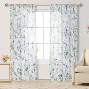 MYSKY HOME Floral Curtains for Living Room 84 inches Long Classic Printed Flower Leaf Sheer Curtains for Bedroom, Bathroom, Rod Pocket Window Drapes Yellow and Blue, 2 Panels, 52 x 84 inch