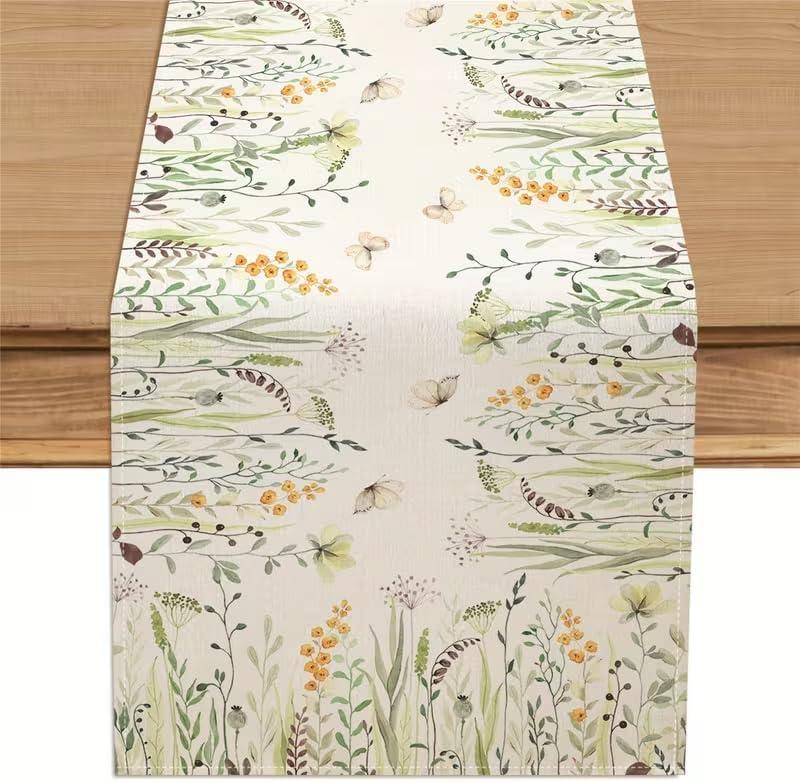 Light Green Wildflower Leaf Butterfly Table Runner ,Seasonal Spring Summer Kitchen Dinning Decoration for Holiday Home Party Decor 13x60 Inch