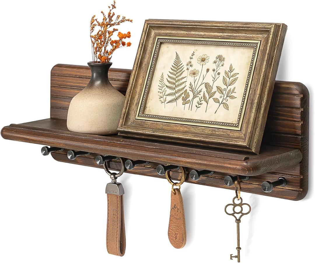 Rebee Vision Retro Key Holder wall Mount for Room Decor  Farmhouse Key Hanger with 8 Durable Hooks & Floating Shelf for Coat Rack  Mail Organizer for Entryway, Wall Decor, or Office Decor (Brown)