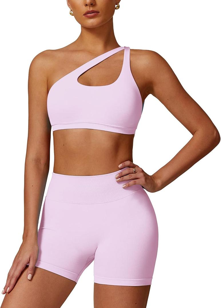 ABOCIW Workout Sets for Women Crossover High Waist Biker Shorts One Shoulder Sports Bra 2 Piece Gym Yoga Outfits (M)