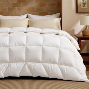 Bedsure Feather Down Comforter Queen Size, Luxurious Fluffy Hotel Duvet Insert with Storage Bag & 8 Corner Tabs, PureWoven Ultra Soft Cotton Blend Fabric, All Season Comforter, 90x90 Inches, White