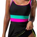 popvil Women One Piece Swimsuit 2026 Tummy Control Bathing Suit Neon Modest Swim Dress with Skirt Full Coverage, Medium