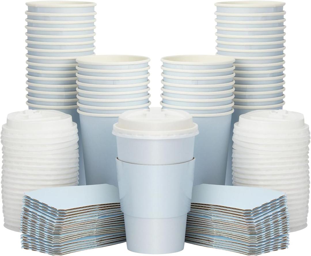 Sparkle and Bash 48 Pack 16 Oz To Go Coffee Cups with Lids and Sleeves for Baby Shower and Birthday Party Supplies, Home, and Restaurant - Light Blue Disposable Coffee Cups with Lids