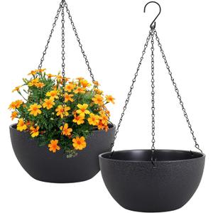 12 inch Large Hanging Planters for Indoor Outdoor Plants, 2 Pack Hanging Flower Pots with Drainage Holes and Chain for Garden Porch, Plastic Hanging Baskets for House Plants, Black